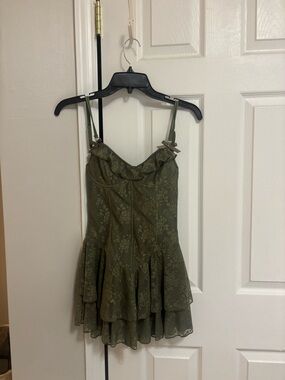 Olive Green Floral Ruffle Slip Dress